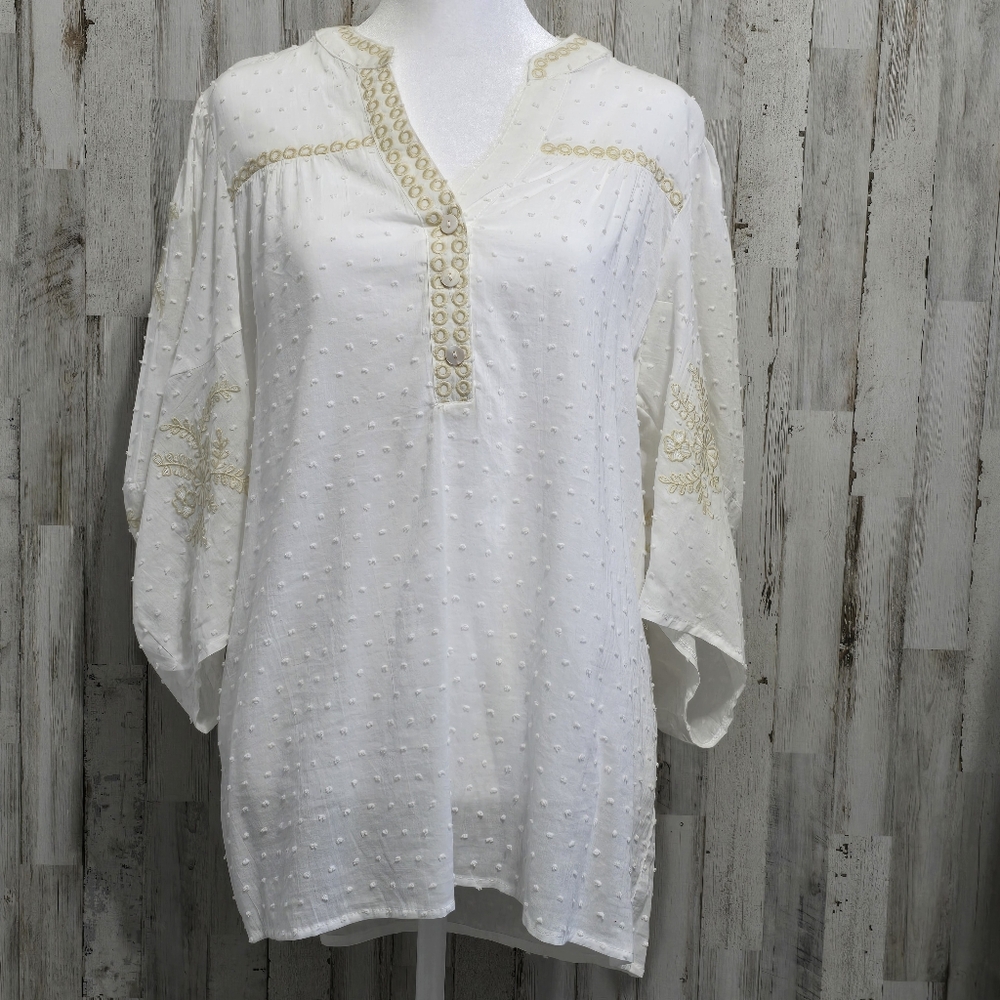 Solitaire White Gold Sheer Embroidered Puff Sleeve V Neck Boho Blouse Size Large